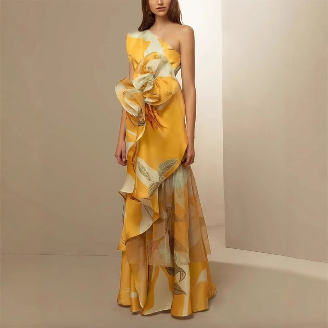 Damen Abendkleid Asymmetrisch Fließender Rock Rüschen