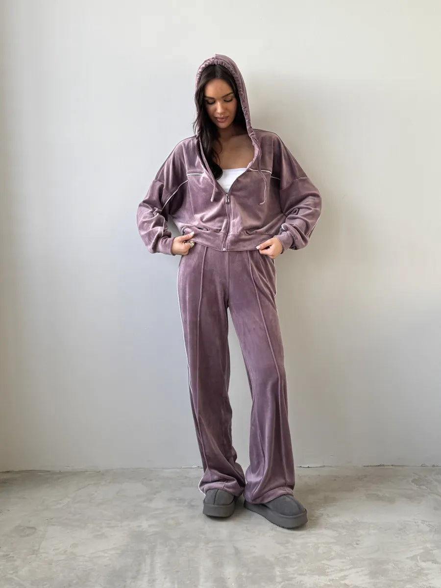 Damen Sportlicher Velour-Anzug mit Kapuze Elastisch
