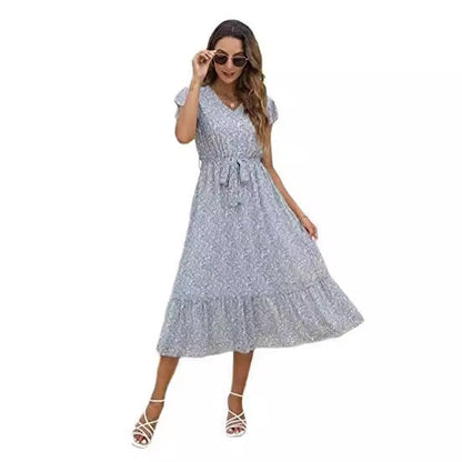 Damen Midi-Kleid Floralmuster Taillengürtel