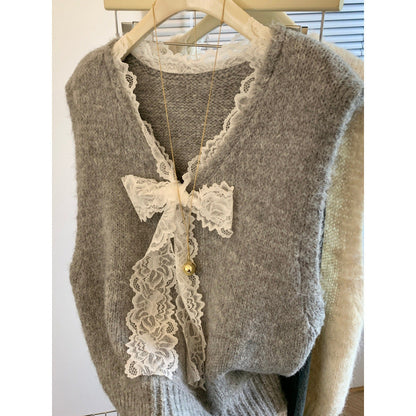 Damen Strickweste Spitzenkragen Bogen