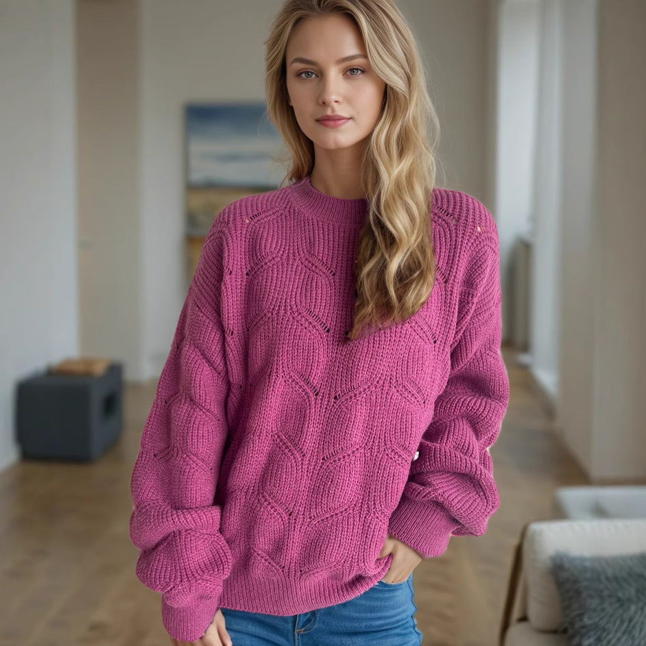Damen Grobstrickpullover Oversized Zopfmuster Beige