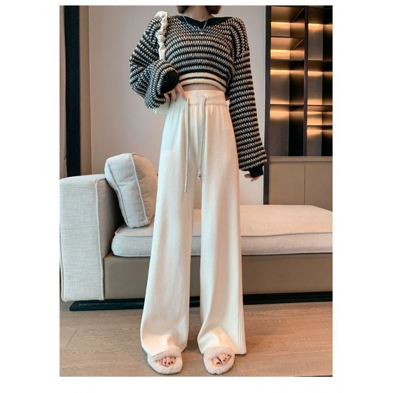 Damen Freizeithose Hochtaillierte Weite Rippstruktur Beige