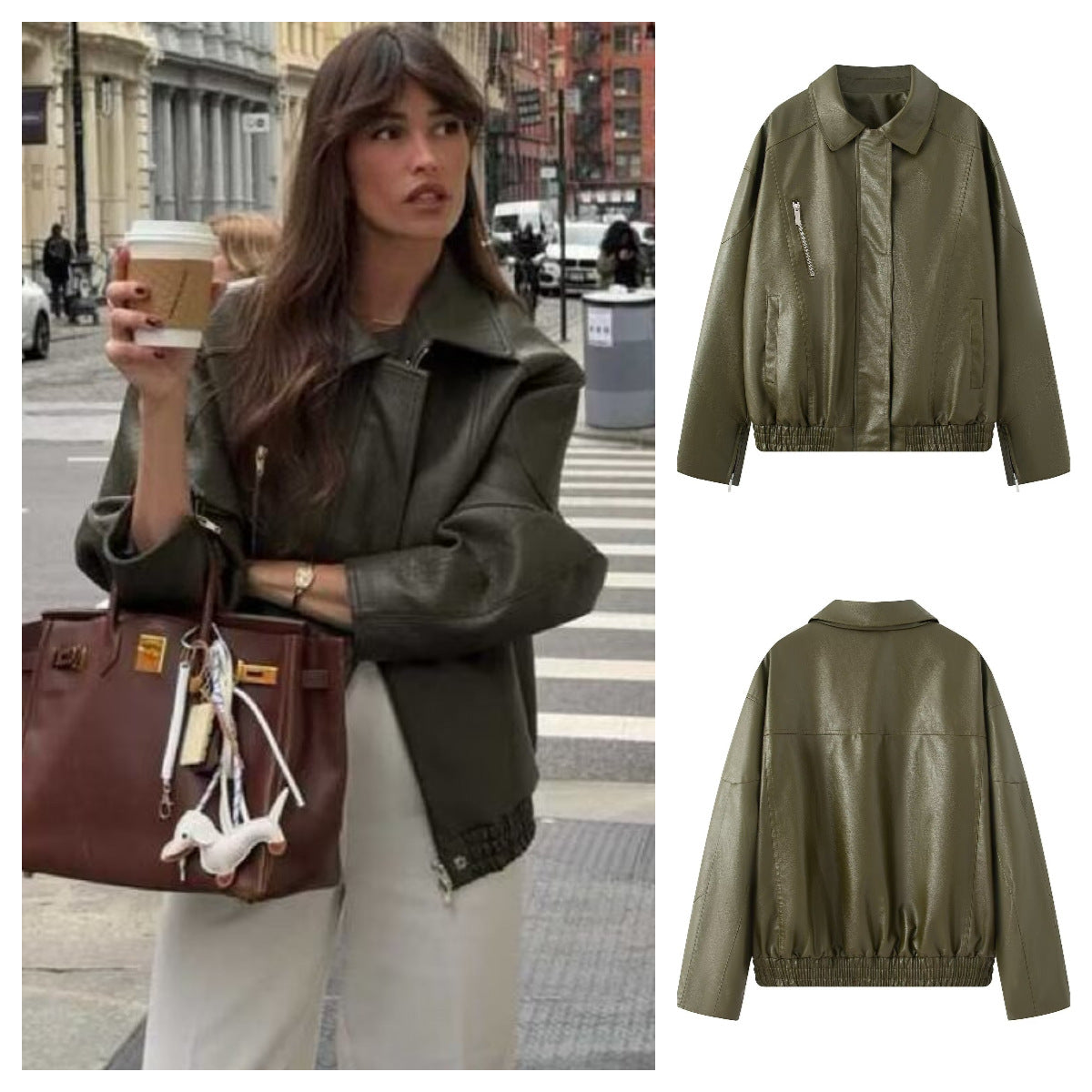 Damen Kunstlederjacke Elastischer Bund Schwarz - Norvielle