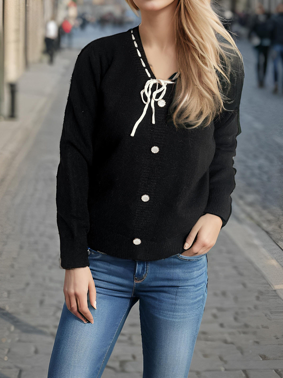 Damen Strickjacke Dekorative Knöpfe Kordelzug Norvielle