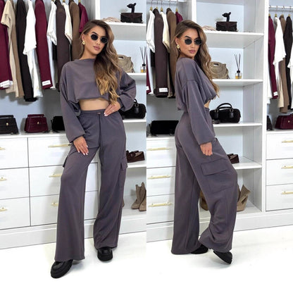 Damen Freizeit-Set Cropped Oberteil Weite Stoffhose Norvielle