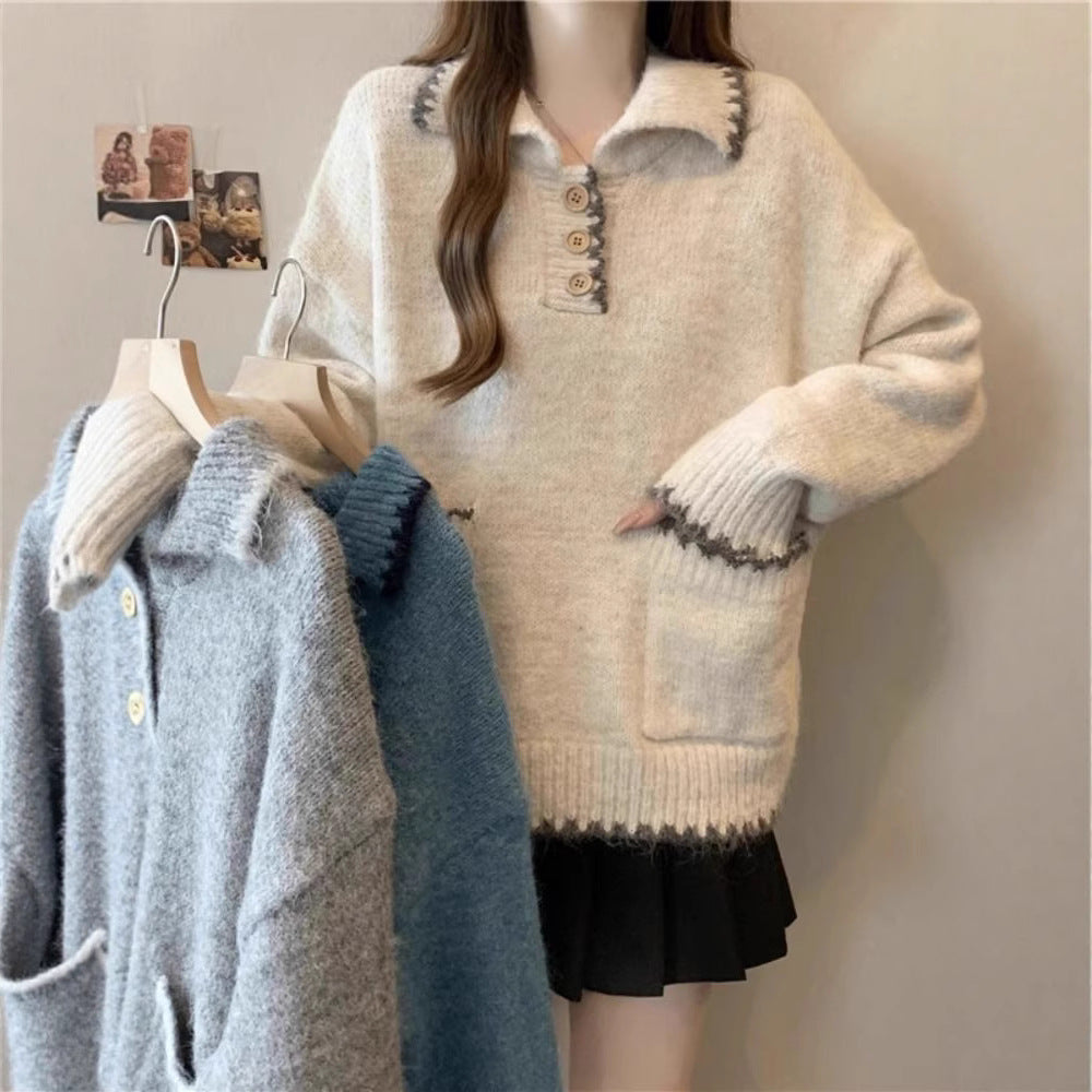 Damen Strickpullover mit Kragen und Knöpfen