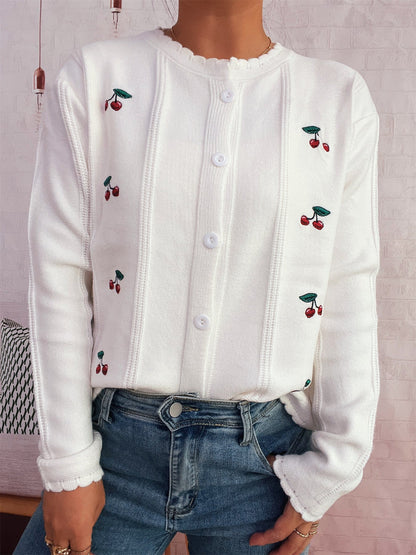 Damen Strickjacke Kirschenmotiv Rüschenkragen Norvielle