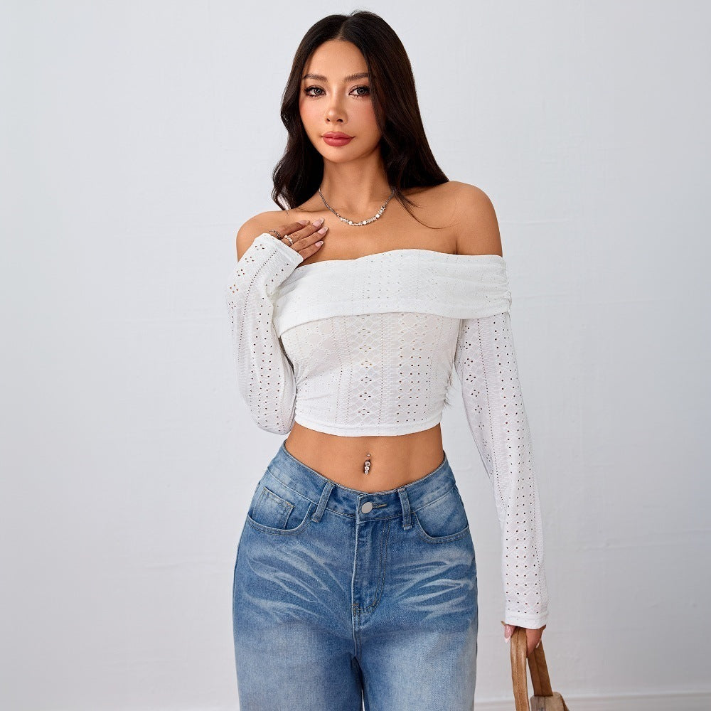 Damen Off-Shoulder Crop- mit langen Puffärmeln und Lochstruktur - Norvielle