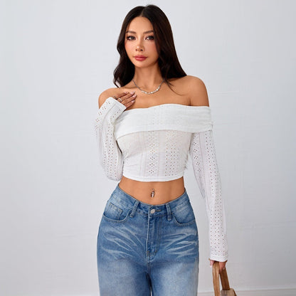 Damen Off-Shoulder Crop- mit langen Puffärmeln und Lochstruktur - Norvielle