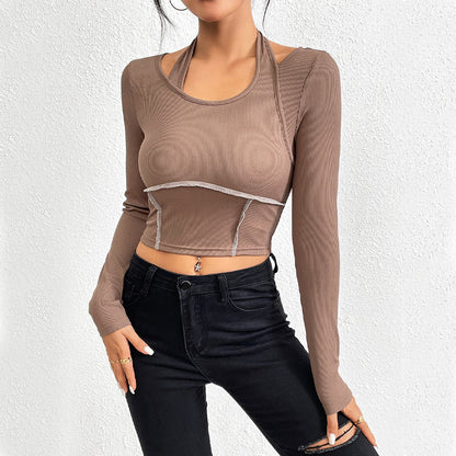 Damen Cropped Langarmshirt Twist-Design Multifarben