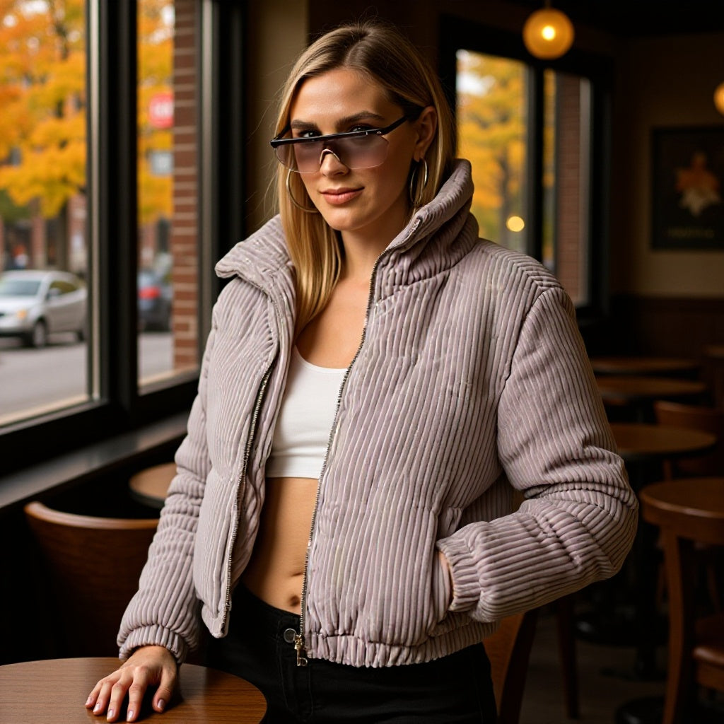 Damen Cordjacke Elastische Bündchen Hochkragen Beige - Norvielle