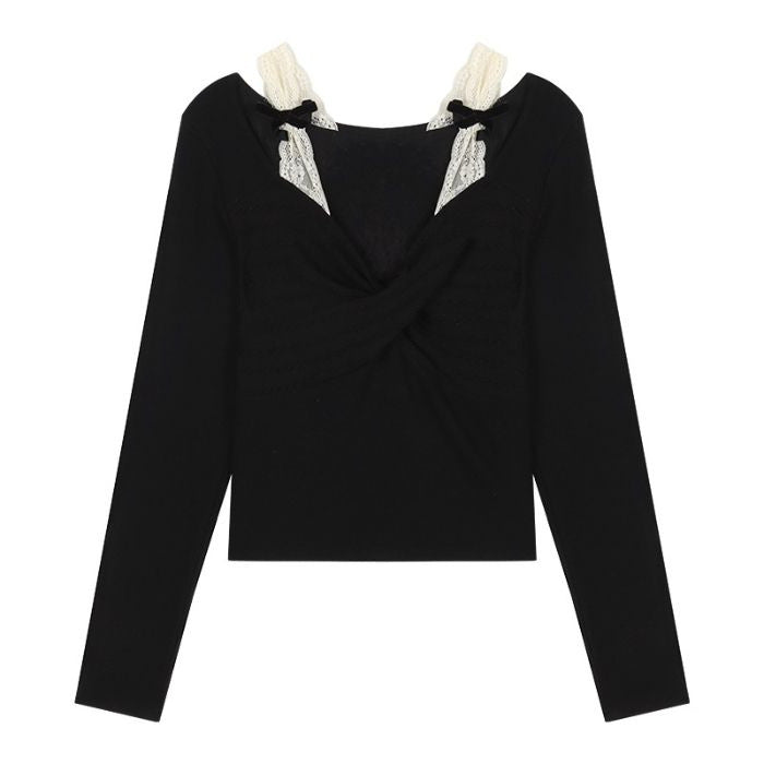 Damen Langarmshirt Spitzenakzent Elegante Raffung Weiß