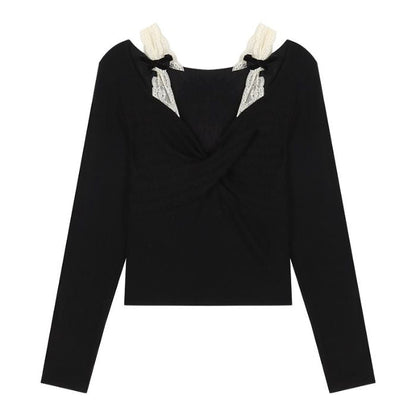 Damen Langarmshirt Spitzenakzent Elegante Raffung Weiß