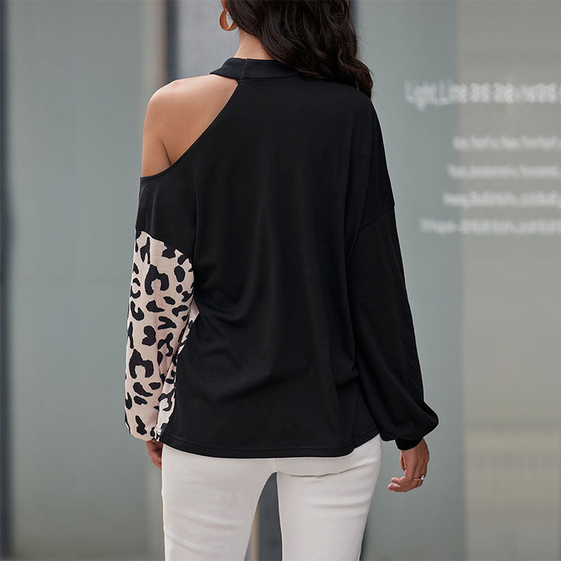 Damen Langarmshirt Leopardenmuster Asymmetrisch Norvielle