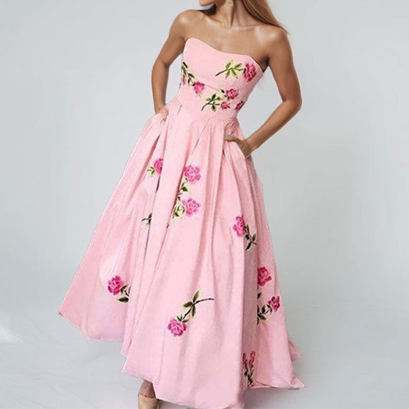 Damen Ballkleid Strapless Stickerei Weit Rock - Norvielle