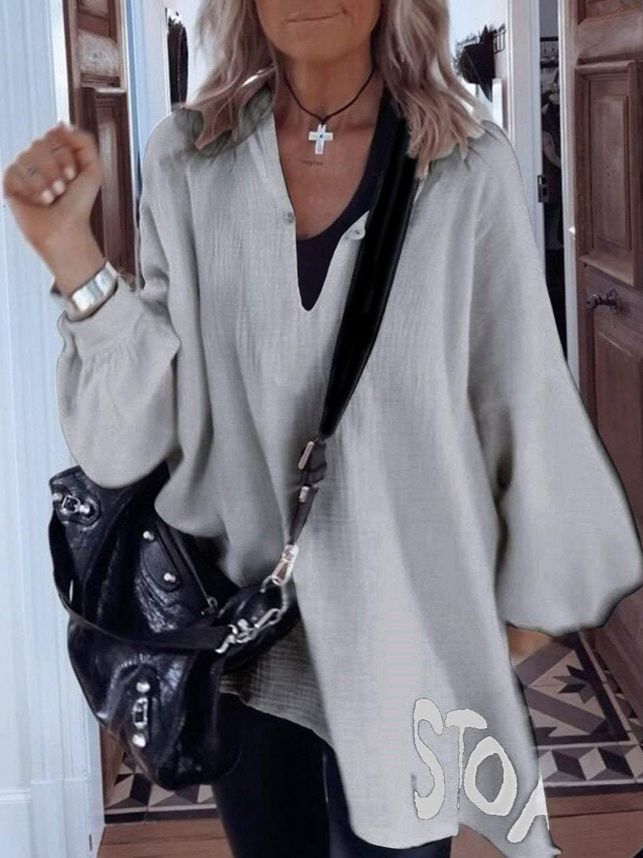 Damen Oversize-Shirt V-Ausschnitt Voluminöse Ärmel Norvielle