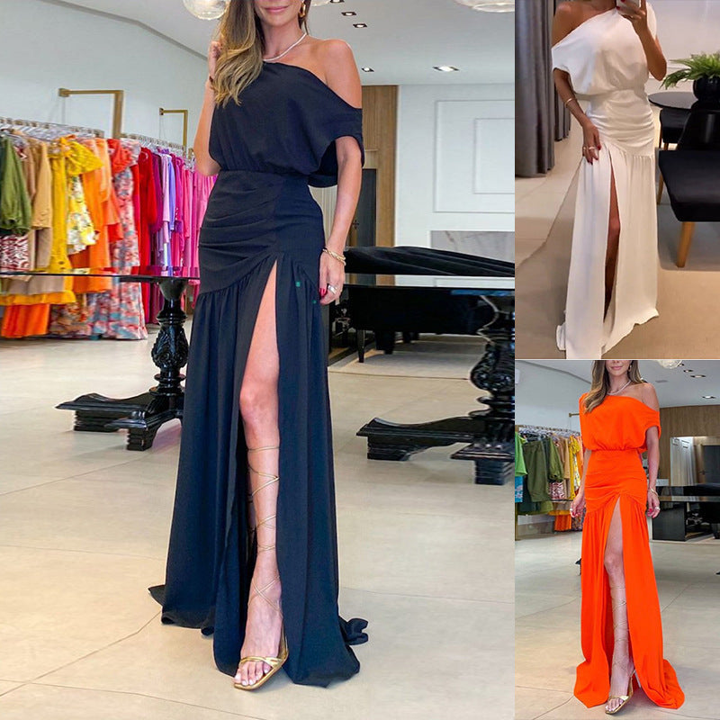 Damen Maxikleid Schulterfrei Fließend Hochschlitz