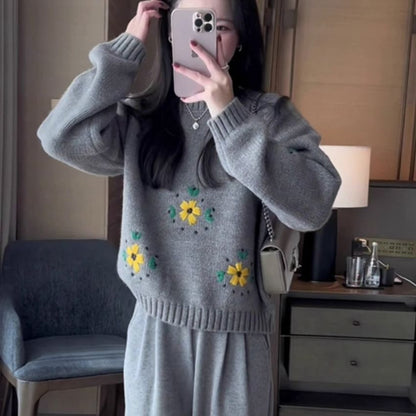 Damen Strickpullover Florale Applikationen Norvielle