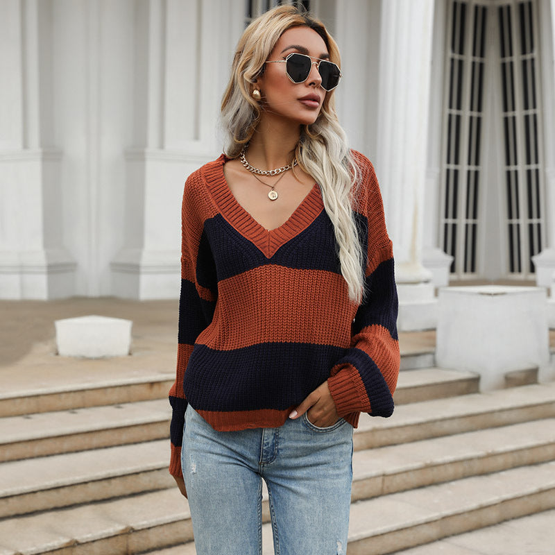 Damen Oversized Strickpullover V-Ausschnitt Blockstreifen Norvielle
