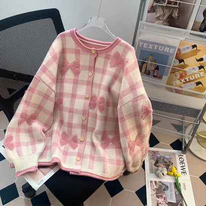 Damen Oversized Cardigan Karomuster Herzapplikationen Norvielle