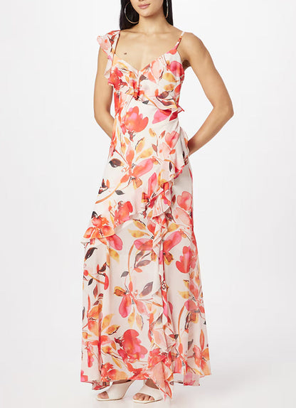 Damen Maxikleid Schulterfrei Flora Rüschen