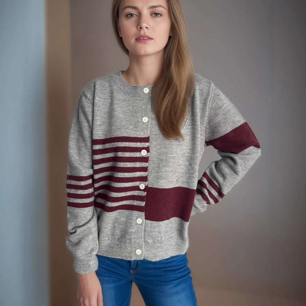 Damen Strickjacke Kontraststreifen Elegante Knöpfe Norvielle