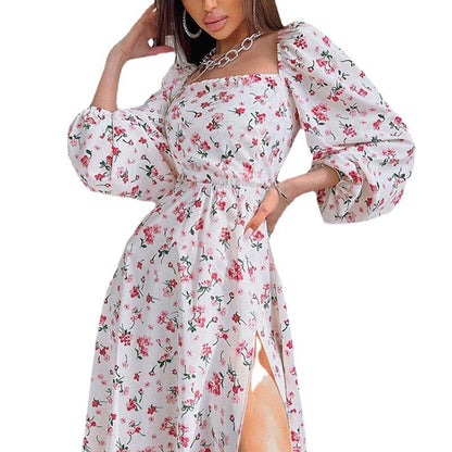 Damen Maxikleid Langärmlig Rüschen Floralmuster Norvielle