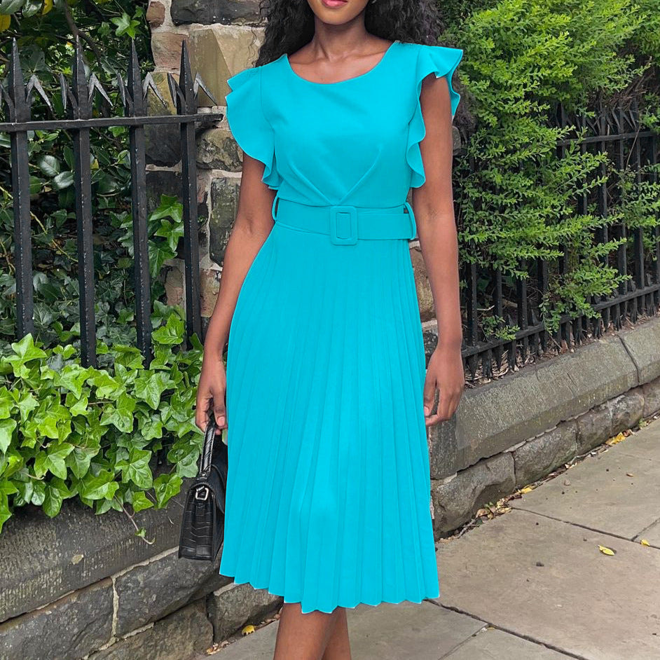Damen Plissee-Kleid mit Faltenrock und Gürtel