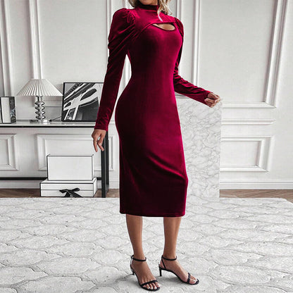 Damen Samt Midikleid Asymmetrischer Ausschnitt Puffärmel