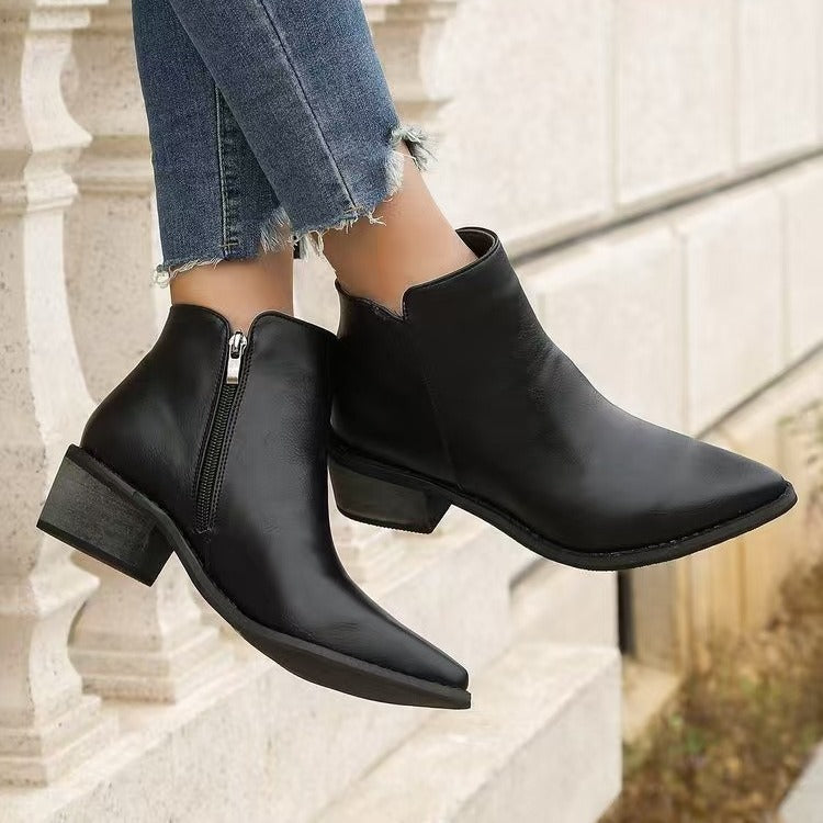 Norvielle Damen Stiefeletten Kunstleder Spitz Niedriger Blockabsatz
