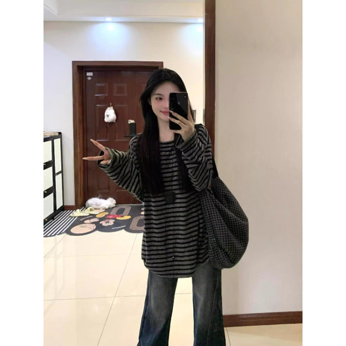 Damen Oversized-Shirt Gestreift Weite Ärmel -Weiß