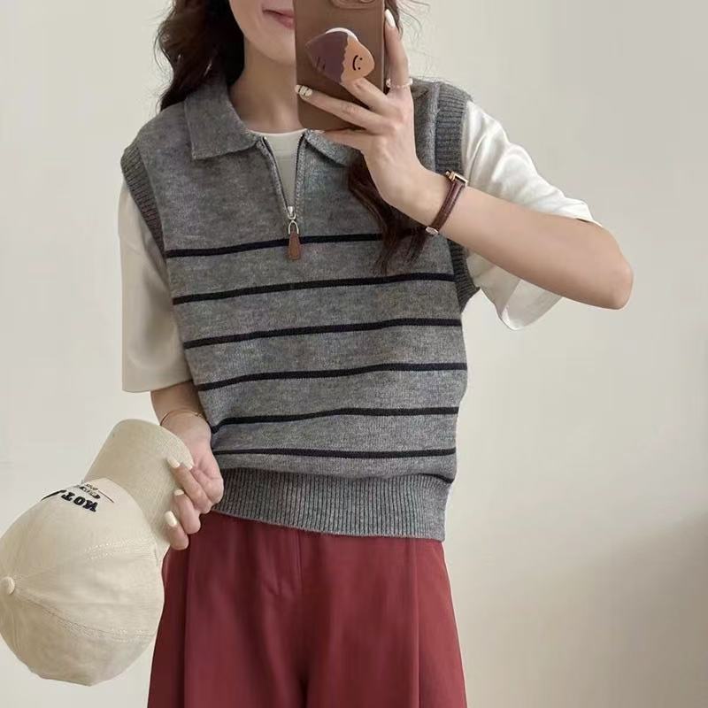 Damen Strickpullover Streifenmuster Reißverschluss Norvielle - Norvielle