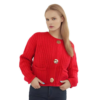 Damen Strickjacke Kuschelig Große Knöpfe Beige