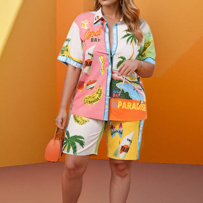 Damen Kurzarm-Set Sommerlich Grafikdesign Norvielle