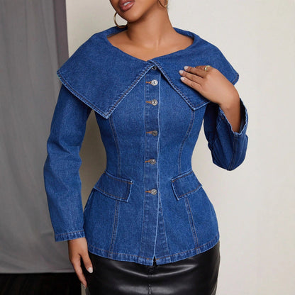 Damen Denim Blazerjacke Weiter Kragen Praktische Taschen