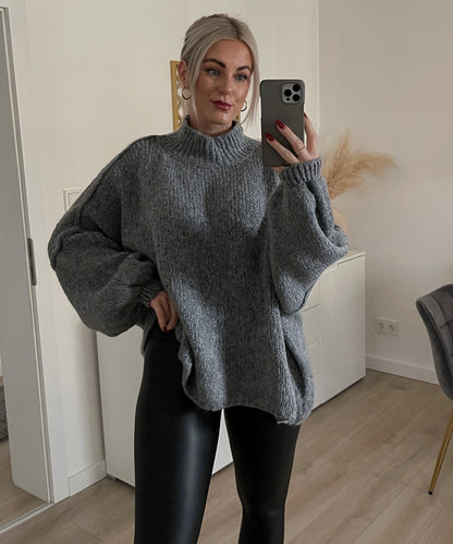Damen Oversized Strickpullover Hochkragen Ballonärmel