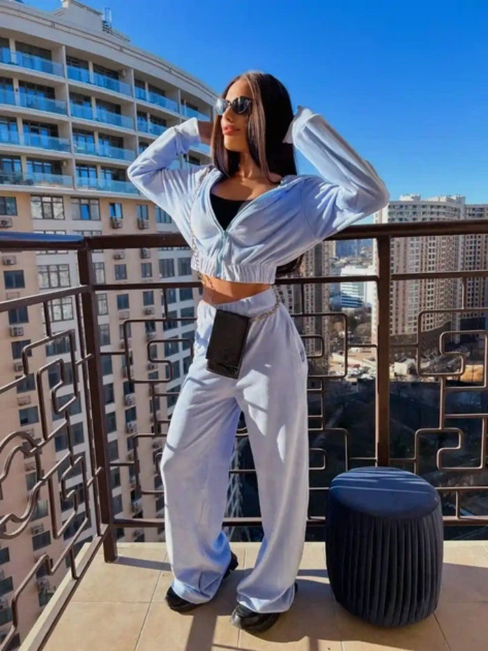 Damen Velours-Loungewear-Set mit Kapuze elastisch Norvielle