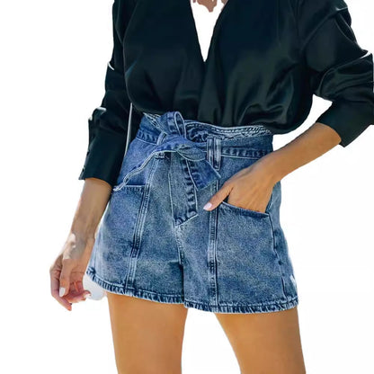 Damen Hochwaist Denim Shorts Abnehmbarer Gürtel