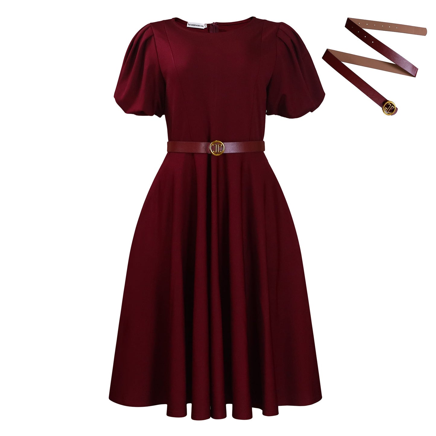 Damen Midi-Kleid Puffärmel Taillengürtel