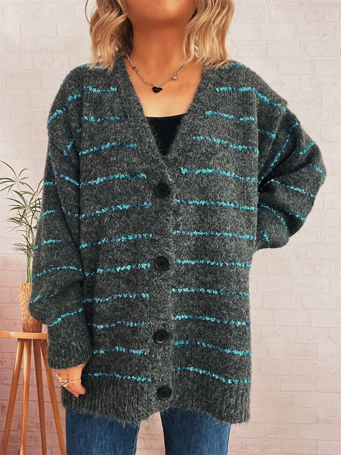 Damen Strickcardigan Streifenmuster Große Knöpfe Beige