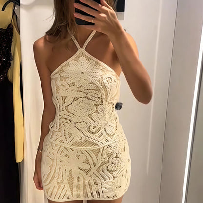 Damen Häkelkleid Kontrast-Blütenmuster Spaghettiträger Norvielle