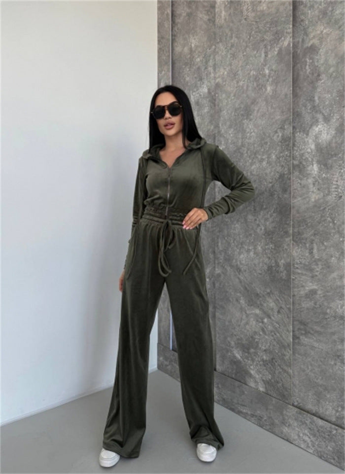 Damen Velours Lounge-Set Taillierter Hoodie Elastische Hose