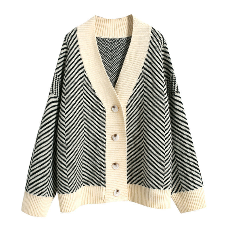 Damen Strickjacke Chevron Muster Knopfverschluss Norvielle