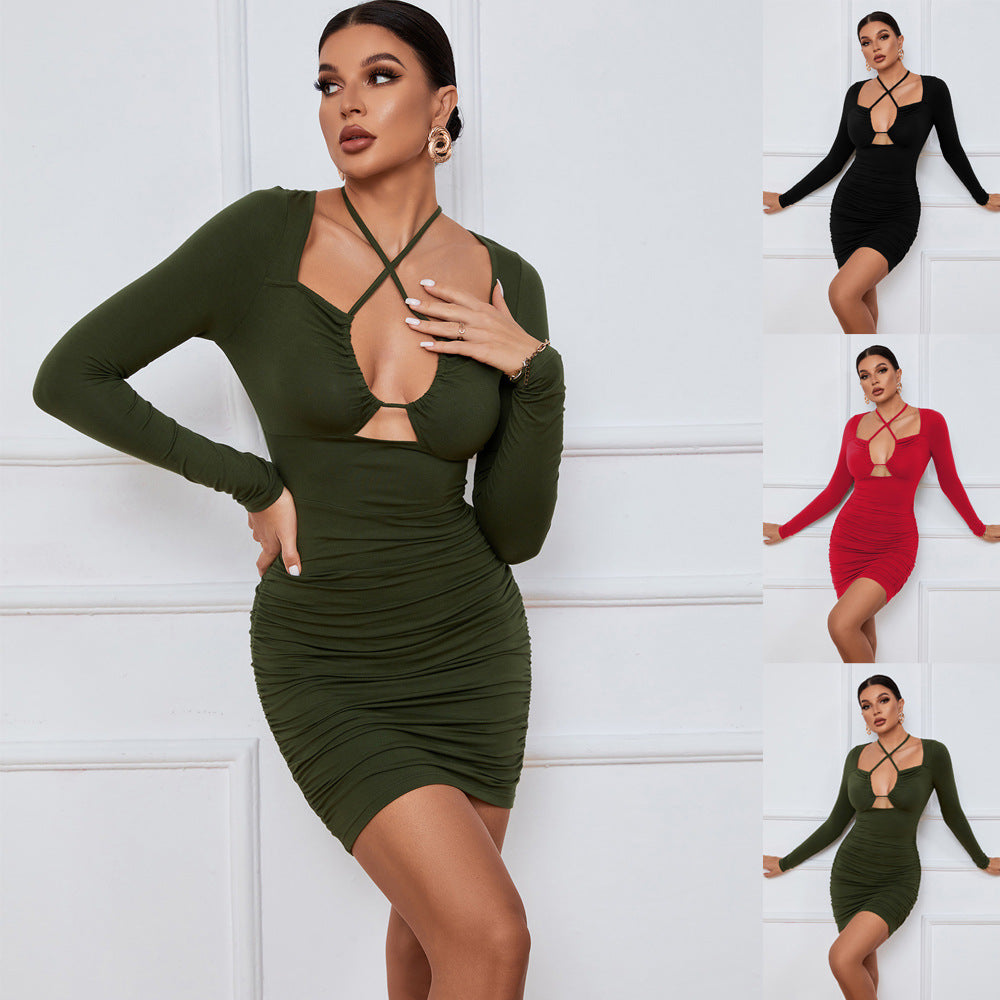 Damen Wickelkleid Figurbetont Raffungselemente V-Ausschnitt Schwarz - Norvielle