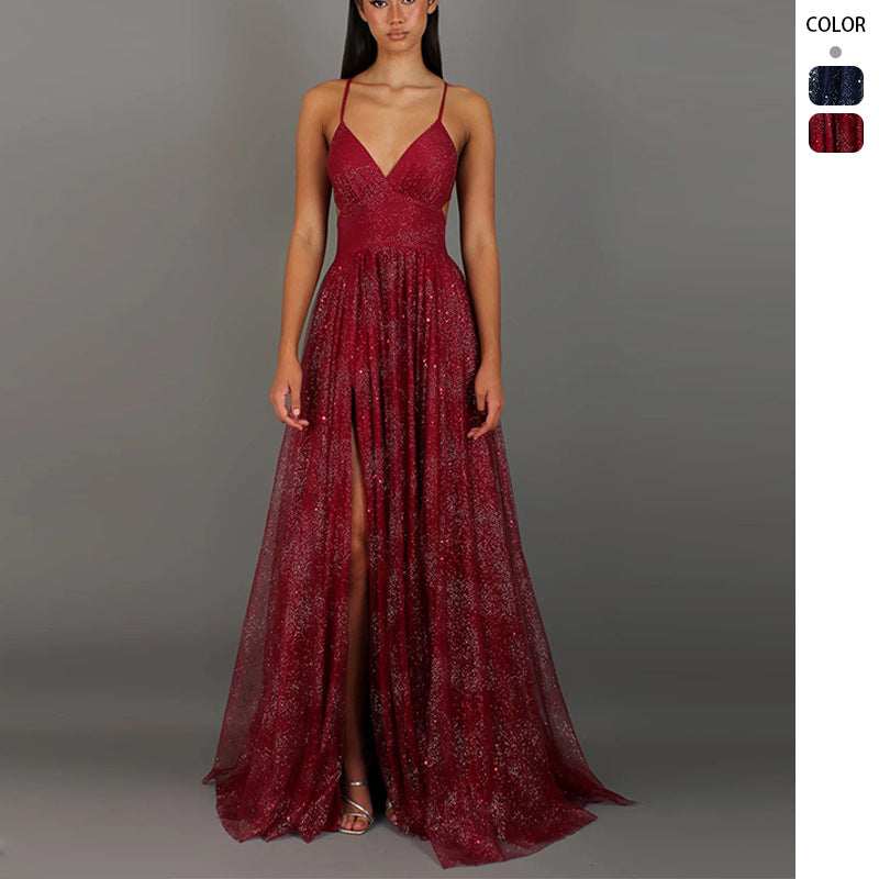 Damen Abendkleid V-Ausschnitt Tüll Schwarz - Norvielle