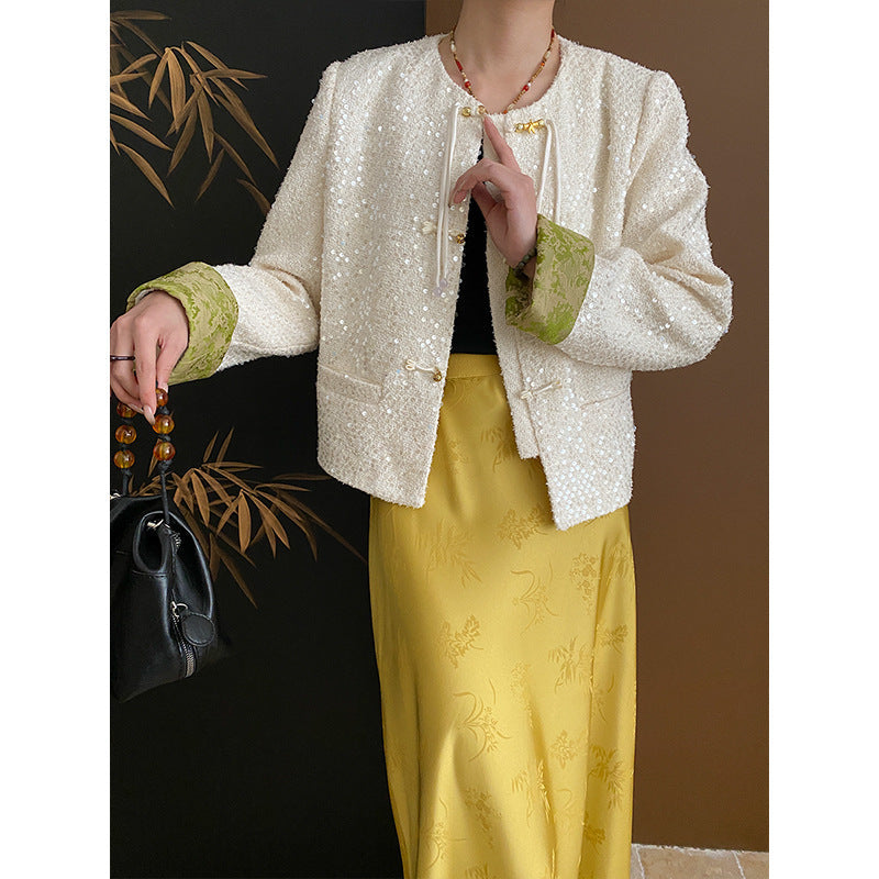 Damen Bouclé-Jacke mit Pailletten und Kontrastärmeln - Norvielle