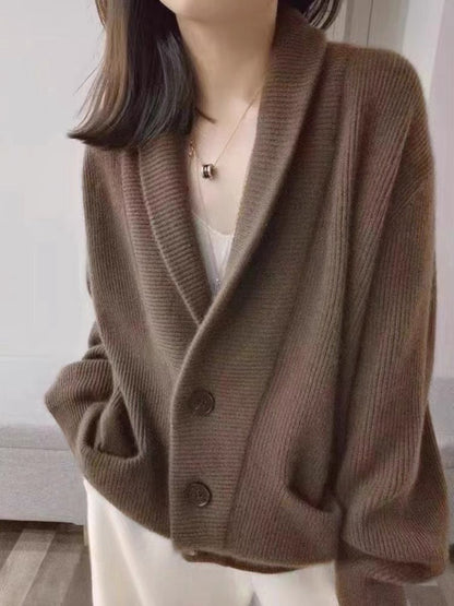 Damen Grobstrickcardigan Klassisch Revers Beige Norvielle