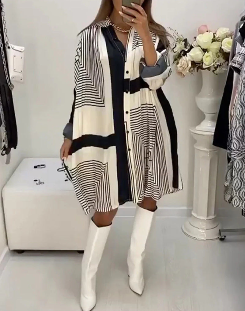 Damen Hemdblusenkleid mit grafischem Muster und Volumenärmeln