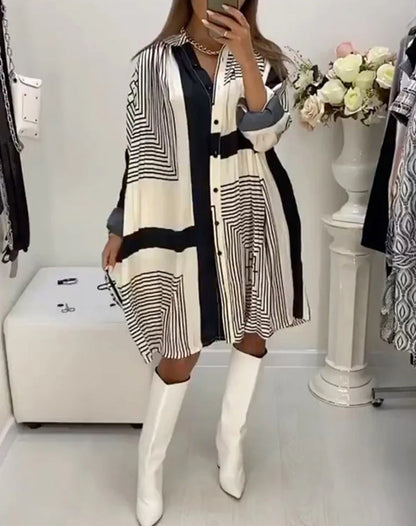 Damen Hemdblusenkleid mit grafischem Muster und Volumenärmeln