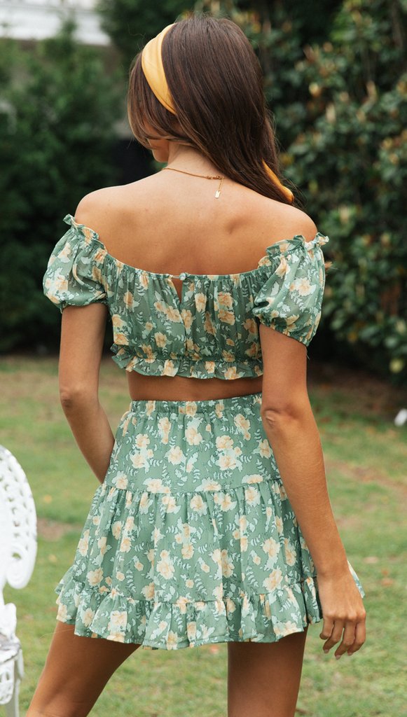 Damen Zweiteiliges Outfit Voluminöse Rüschen Florales Design